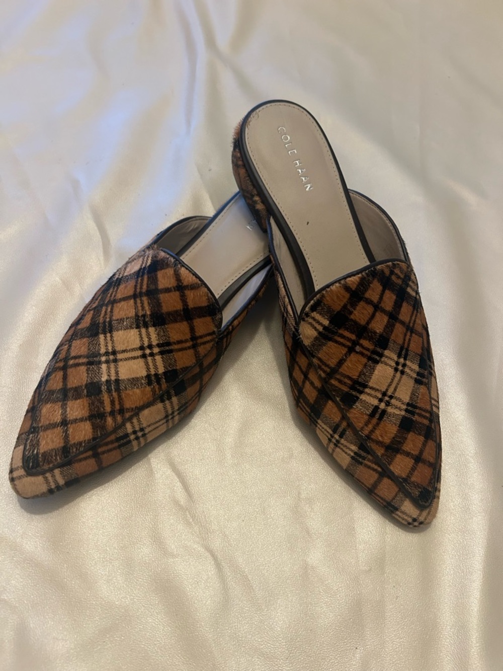 Cole Haan Tan and Black Plaid Pointed-Toe Mule
